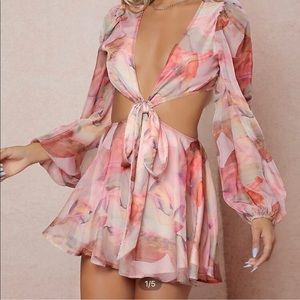 Lantern Sleeve Knot Cutout Waist Chiffon Romper